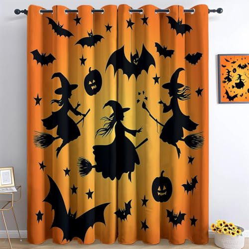Halloween Bruja Escoba Calabaza Murciélago Cortinas Ojales Aislantes Termicas 2 Piezas, Impresión 3D Cortinas Opacas Habitacion Y Dormitorio para Infantiles Oficina Poliéster Cortinas 117 x 229 cm