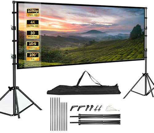 Pantalla videoproyector de 100 pulgadas plegable de 16: 9 4K HD pantalla de proyección en pie, pantalla proyector con bolsa de transporte para cine en casa, oficina, viaje