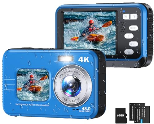 Underwater Camera, Selfie Dual Screens 4K 48MP 11FT Autofocus Waterproof Digital Camera for Snorkeling,16X Zoom, 64GB Card, 2 Batteries, Fill Light (Blue)