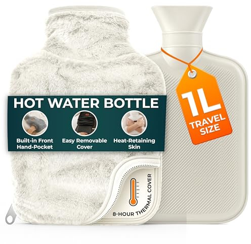 Hot Water Bottle - 1L White Hot Water Bottle for Pain Relief, Hand and Foot Warmer - Luxury, Soft and Washable Hot Water Bag for Hot and Cold Compress