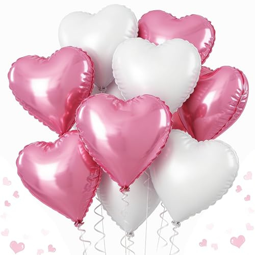 Herz Folienballon Rosa Weiß, 18 Zoll Herz Helium Luftballons, Rosa Herzluftballons, Weiß Herzballons Hochzeit, Herzform Folienluftballon für Geburtstag Verlobung Muttertag Valentinstag Hochzeit Party