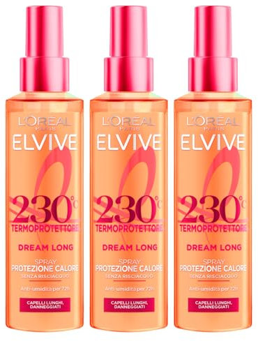 L'Oréal Paris Elvive Dream Long Spray Termoprotettore per Capelli Lunghi e Danneggiati Senza Risciacquo Anti-Umidità per 72h Protezione dal Calore fino a 230°C - 3 Flaconi da 150ml
