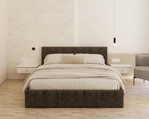 FDM Polsterbett mit Bettkasten 90x200 120x200 140x200 160x200 180x200 cm - Stauraumbett aus Cord, gepolstertes Kopfteil, Lattenrost & Metallrahmen, klappbar, Made IN EU (Schwarz, 90x200)