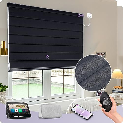 Graywind Elektrische Verdunkelung Raffrollo Innen nach Maß, Festverdrahtet Smart Faltrollo Kompatibel Alexa Google, Motorisierte Raffgardine mit Fernbedienung, Flowing Line Black