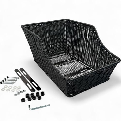 Fahrradkorb Gepäckträger Hinten – Rattan-Optik Schwarz – Feste Montage – Wetterfest & Stabil – Kunststoff Hinterradkorb – Inkl. Befestigungsmaterial – 46 x 30 x 21 cm