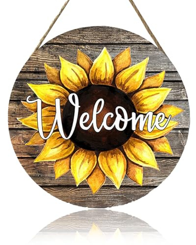 VGRDTW Signs & Plaques, Garden Signs, Welcome Sign, Wooden Round Sunflower Wall Decor for Home Outside Garden Front Door Hallway Living Room 20x20cm