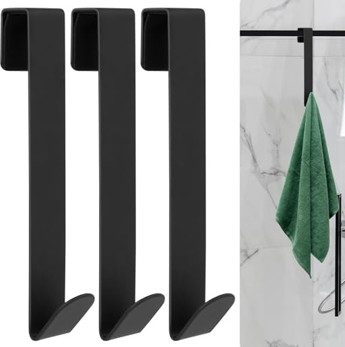 BOJIUKEJI 3 Pcs Ganchos para Puerta de Ducha, Ganchos Colgador Toalla Baño, Gancho Puerta Colgadores Baño de Acero Inoxidable Negro, Percha Puertas Colgador Puertas de hasta 14 mm de grosor.