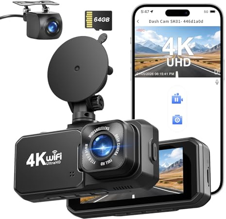 Rmana Dashcam Voiture Avant Arrière, 4K+1080P Double Caméra WiFi avec Application, Camera Embarquée Voiture IPS 3.18 avec Carte 64Go Gratuite, Camera Voiture avec Mode de Stationnement 24H