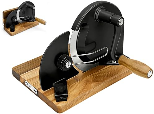 Brotschneidemaschine klappbar, manueller Brot-Fleischschneider, deutscher RSG-Klinge, 0-20mm Schnittstärke & Skala, robustes Aluminiumgehäuse, massiver AkazienholzsockelAkazienholzsockel