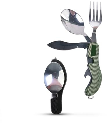 Lot de 2 Couverts de Camping Pliables, Set Multifonction 4-en-1 en Acier Inoxydable, Kit Vaisselle Détachable (Couteau, Fourchette, Cuillère) pour Randonnée, Pique-Nique - Noir & Vert Olive