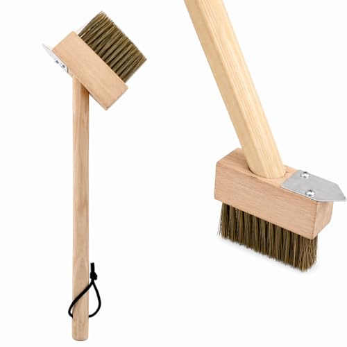 Cepillo para eliminar malas hierbas para patio con mango de madera, cepillo de jardín de cerdas de alambre resistente con raspador de metal, pavimento, entrada, cubierta, removedor de musgo, limpiador