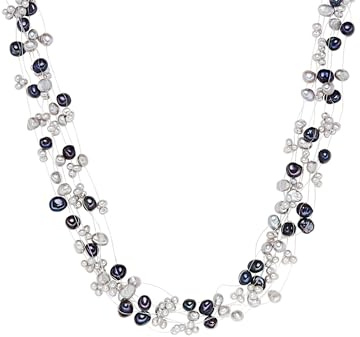 Valero Pearls Damen Kette 925/- Sterling Silber | rhodiniert, Perlenkette, Süßwasser-Zuchtperle, ca. 3,0 - 6,0 mm, hellblau, barock, Karabinerverschluss, Nylon