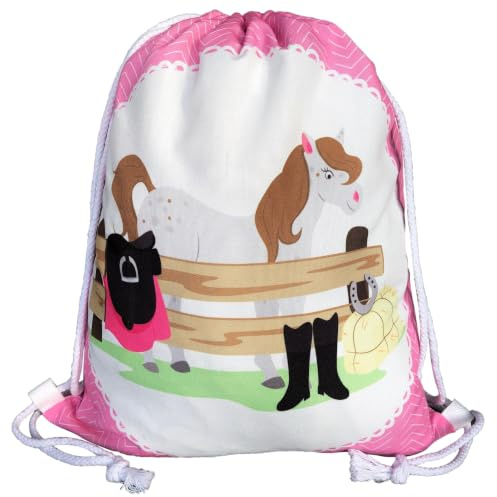 HECKBO Pferde Mädchen Turnbeutel - Pferd Bauernhof (beidseitig) - 40x32cm - Sport, Schule, Freizeit, Kindergarten, Krippe, Urlaub, Reitunterricht