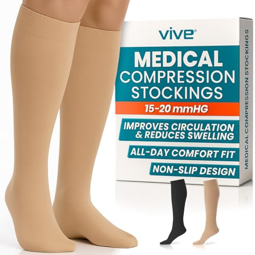 Medias antiembolia de compresión de 15-20 mmHg para venas varicosas, medias ultra transparentes estilo Ted hasta la rodilla para hinchazón, dolor, maternidad, embarazo y enfermeras, beige, S