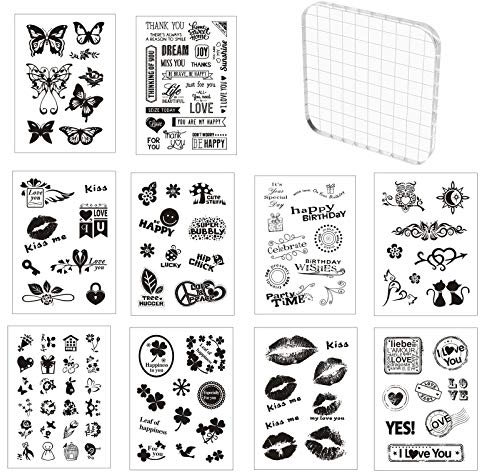 Scrapbooking Silikonstempel Set 10 Blätter Stempel Clear Set Seal Stamps Transparent Clearstempel Silikon Clear Stamp mit 1 Acryl Stempelblock 10x10cm für DIY Scrapbooking Dekorative Wiederverwendbar