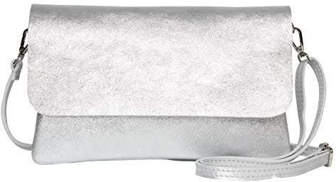 AMBRA Moda GLX11 - Damen Umhängetasche, Clutch, Handytasche aus echtem Leder mit abnehmbarem und verstellbarem Schultergurt, geeignet für Handys und Tablets bis zu 7 Zoll (Silber)