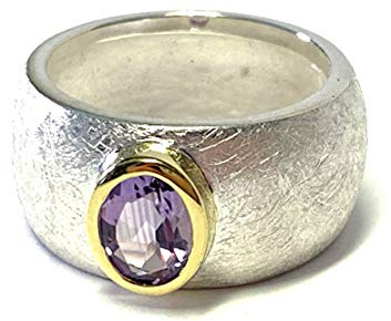 breiter Bandring in 925/- Sterling Silber bicolor gewölbt u mattiert + Amethyst #59