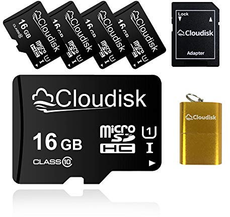 Cloudisk Pack de 5 Cartes Micro SD de 16 Go Carte mémoire microSD de 16 Go class10 avec Lecteur de Carte sdadapter + Vendu par Lot de 5