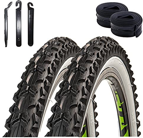 2 x Roverstone 26 Fahrradreifen Fahrradmantel schwarz/weiß 57-559 (26x2,125) + 2 Schläuche DV inkl. 3 Reifenheber