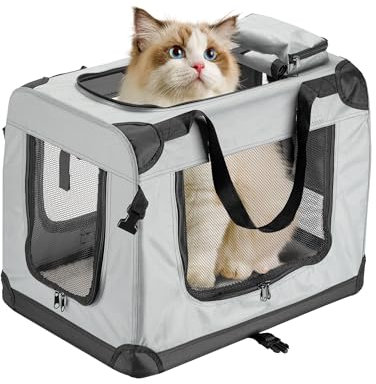 Fudajo Faltbare Transportbox für Hunde, Katzen M (60x42x44cm), robust, leicht, sicher, Hundebox mit Tragegriff und Decke, Grau