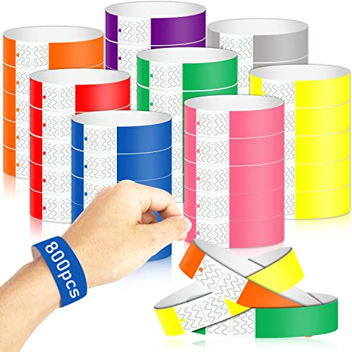 GLISIWEN 800 Pack Paper Wristbands For Events Neon Wrist Bands,Colored Wristbands Waterproof Hand Bands For Party Club Lightweight Concert Adhesive Wristbands