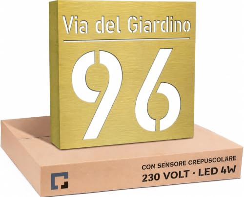 PRINTIMA Hausnummer Beleuchtet LED mit Dämmerungssensor 30x30 cm Golden mit Gravur, 6W A++, 230V, wasserdicht, modernes Design, robust & stilvoll