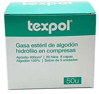 Kompressen 8 x 6 Steril, 8 Lagen - Mullkompressen - Mullbinden - Sterile Wundkompresse - Packung mit 50 Einheiten in 10 Umschlägen mit 5 Einheiten. Für medizinische Zwecke und Hohe Absorption