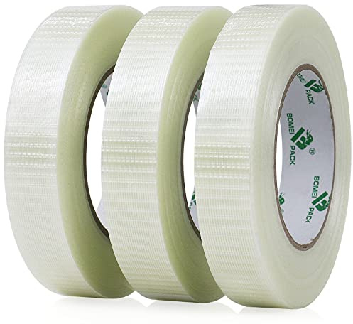 BOMEI PACK 3 Pack Transparent Bi Directional Filament Ruban Adhésif, Ruban d'emballage renforcé de fibres filament Renfort et cerclage ruban adhésif robuste adhésif, 25mm x 50m