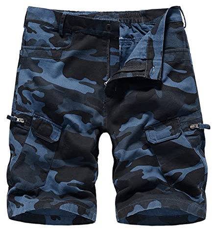 LOIJMK Pantalon court en coton camouflage, avec poche, extensible, jambes larges, ceinture en tissu, basique, pantalon d'extérieur pour homme, taille haute, pantalon de randonnée, bleu, M