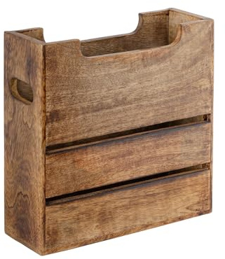 Mie Creations Wooden Magazine Holder Rack with Handle, Decorative Magazine Storage Basket for File, Folder, Books, Newspaper | Rustic Brown Magazine Bin Display Stand, Office Desk Organizer 10-inch
