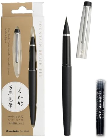 Kuretake Fude Pen No.13 Corpo nero con cartuccia di ricambio, inchiostro nero, punta flessibile per kanji, lettering, calligrafia, disegno artistico, Made in Japan