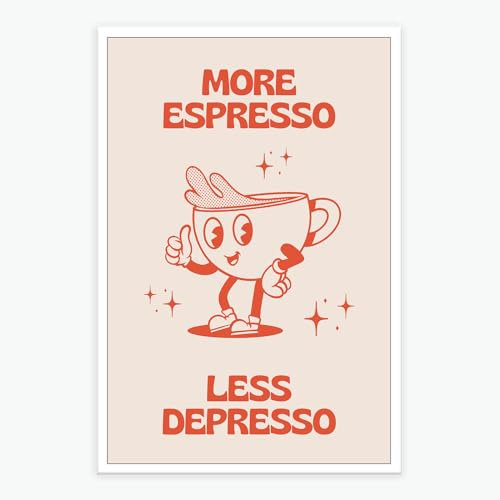 noskisy More Espresso Less Depresso Posters Retro Pink Cartoons Canvas Wall Art Cute Funny Inspired Art With Prints Painting Coffee Room Beige Prints Y2k Aesthetic Wall Decor 16X24in Unframed