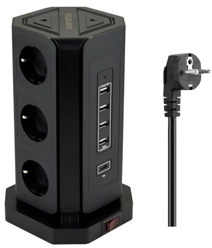EUNTETOX Rallonge Tour avec 4 emplacements USB avec Chargeur Rapide USB C 18W (5V/3,1A),rallonge protégée Contre Les surtensions avec Interrupteur, Prise multiprise avec câble d'extension de 2M