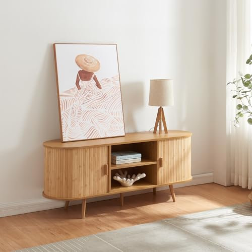 [en.casa] Kommode Nordkapp Sideboard mit 2 Schiebetüren Bambus Kommodenschrank mit Stauraum Wohnzimmerschrank Holzfüße 140 x 40 x 56 cm