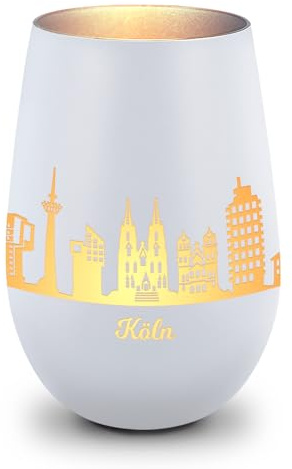 GRAVURZEILE Deko Windlicht aus Glas mit Gravur - Skyline Köln - Hochwertige 360° Lasergravur - Dekoratives Geschenk als Andenken, Souvenir oder für Sammler zum Geburtstag - Farbe: Weiß/Silber