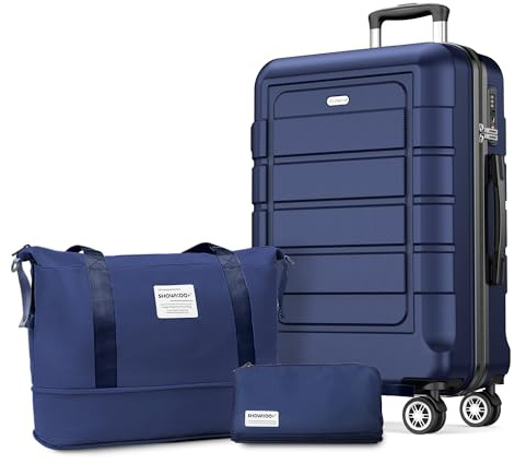 SHOWKOO Koffer Groß Hartschale Leicht ABS+PC Erweiterbar Reisekoffer Haltbar Handgepäck Sets 4 Rollen TSA-Schloss mit 1 Reisetasche und 1 Kulturtasche, XL -Blau