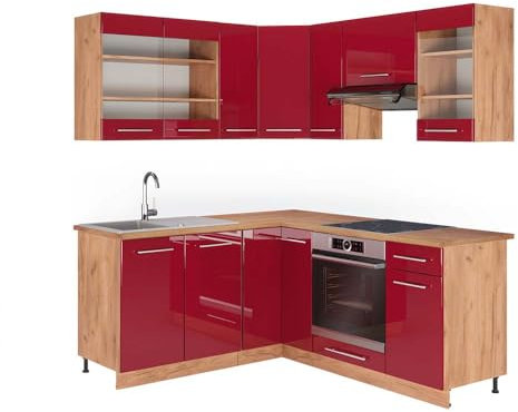 Vicco Eckküche Fame-Line, Bordeaux Hochglanz/Goldkraft Eiche, 160 x 190 cm, AP Eiche
