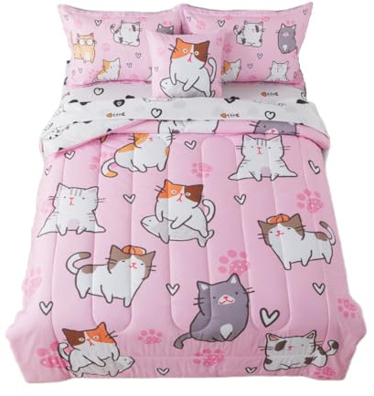 lishjekee 6 Pieces Girls Cats Comforter Set Twin Cute Pink Cat Bedding Set Bed in A Bag for Kids Kawaii Pet Kitten Comforter and Sheets Set Cartoon Animal Bed Sets for Teens Home Decor