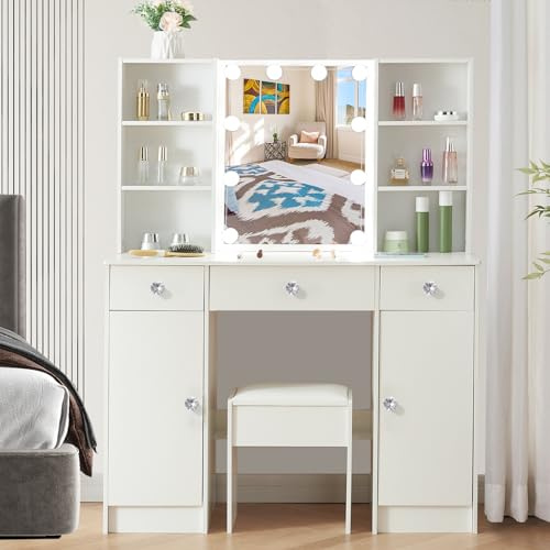 Buildonely Schminktisch mit LED-Beleuchtung, 3 Farbtemperaturen und Einstellbarer Helligkeit, Großer Frisiertisch mit Spiegel und Hocker, Kosmetiktisch mit 3 Schubladens, Modern, Weiß