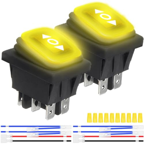 MKBKLLJY 2St. Momentaner Polaritätsumkehrschalter Wasserdichter Kontroll-Wippschalter DC 12V 20A Gelbes LED-Licht beleuchtet 6Pin 3Position(ON)-Off-(ON) mit Überbrückungsklemme Drähte für Auto-Boot