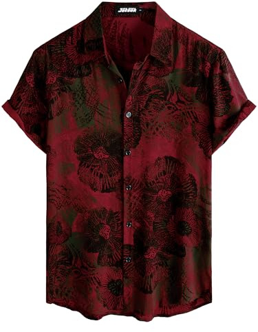 JOTOOK Mens Hawaiian Shirt Short Sleeve Button Down Tropical Shirts Casual Floral Summer Beach Shirt X-Large WineRed