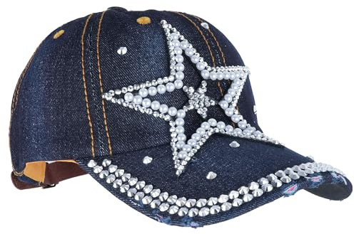 MEGAUK Damen Jeans Baseball Cap Denim Baseballkappe Washed Cotton Used Look Basecap Verstellbare Vintage Basecap Nieten Punk Kappe Für Großen Kopf (07080 Stern 56-58cm)