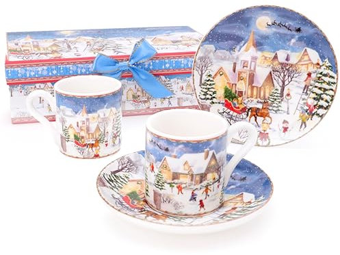 Christmas Concepts® Gamma di Stoviglie in Ceramica di Lusso Festive Village Scene - Set di 2 Tazze da Caffè Espresso e Piattini da 3oz con Scatola Regalo Decorativa Abbinata