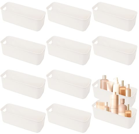 Keboyoe 10 st vita plastförvaringskorgar små förvaringskorgar plastkorgar för förvaring med handtag mini förvaringslådor rektangel för hyllor kök kontor badrum och hem (26,7 x 9,5 x 9 cm)
