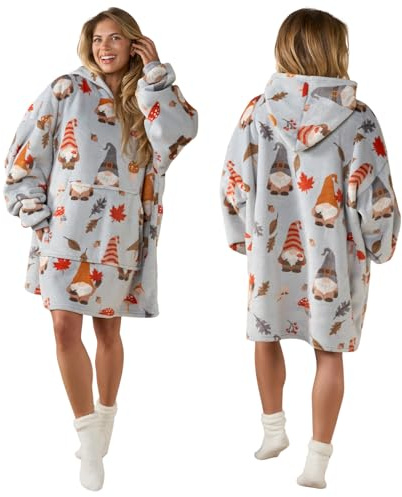 OHS Autumn Gonk Hoodie Blanket, Ultra Soft Sherpa Fleece Warm Comfy Cosy Oversized Wearable Blanket Throw for Women Girls Adults Men - One Size, Grey