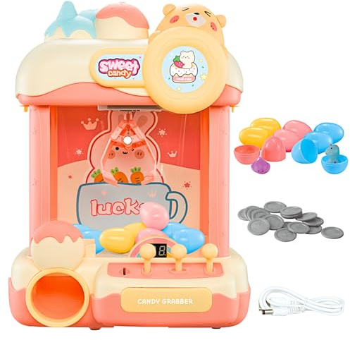 Cream Teddy Claw Machine 15 Candy Grabber, Plush Prize Treats Egg Figure Capsule Dispenser, Arcade Music Dual Power Kids Coin Slot Play, Princess Sweetie Champion Game, Girls Pink Cartoon Vending Toy