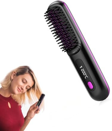 Cordless Hair Straightener Brush, 2000mA Portable Heated Comb for Travel, USB Rechargeable Mini Hair Straightening Brush with 3 Temperature Settings, Anti-Scald & Auto-Off for Women & Men, Beard Strai