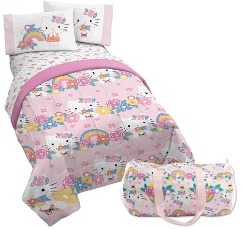 Jay Franco Hello Kitty Twin Size Comforter Set - 4 Piece Floral Bedding Includes Sheet Set, Pillow Covers & Bonus Duffle Bag - Super Soft Bedding