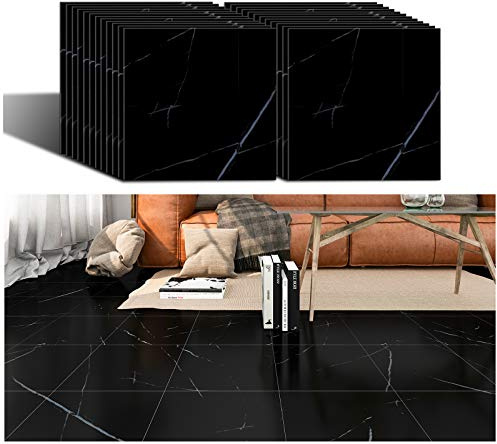 VEELIKE PVC-golvbeläggning marmorutseende svart PVC-kakel garage badrum kök 24 stycken vinyl golvbeläggning självhäftande marmor vinyl kakel kakeldekaler golvplattor avtagbara 1,5 mm, 30 cm x 30 cm