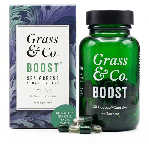 Grass & Co. Boost Duo Caps for Men - Vegan Omega 3 DHA & EPA Algae Oil Supplements for Brain & Heart Health with Spirulina, Chlorella, Ginkgo, Maca, Selenium & Zinc for Vitality & Stamina, 30 Capsules